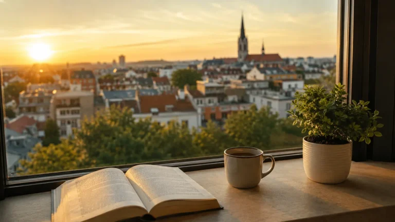 Widok na Lublin z apartamentu studenckiego o zachodzie słońca